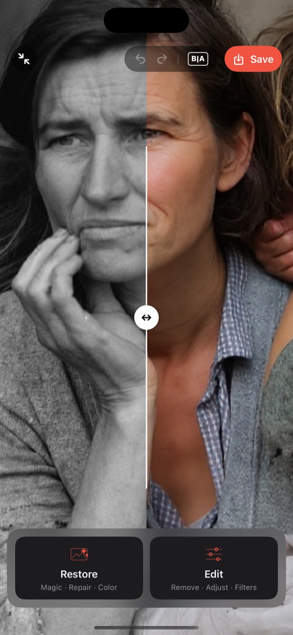 Photospital restoring a photo, shown as a before-and-after